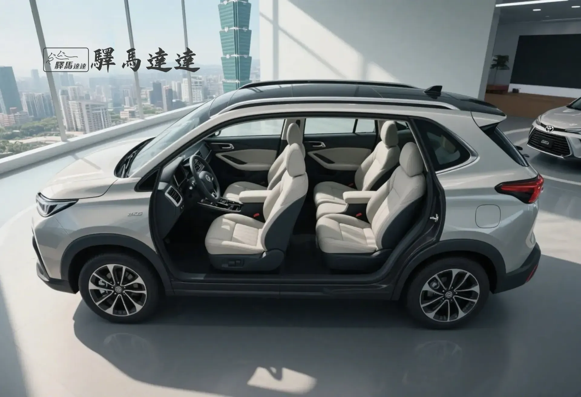 豐田  Corolla Cross 車內寬角側視圖，呈現前排與後排座椅，座椅之間的間距清晰可見。畫面左上角顯示「驛馬達達」標誌。