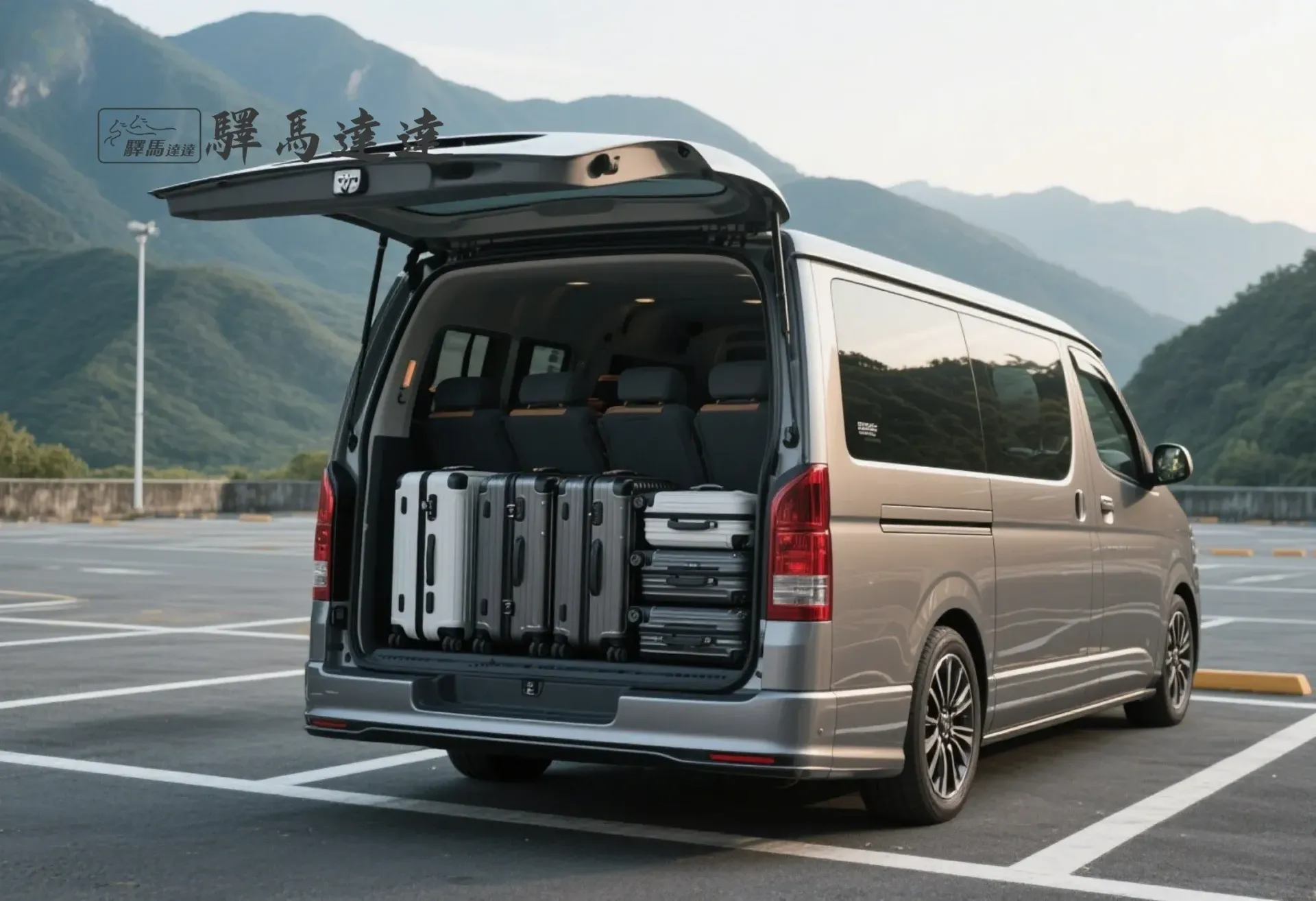 豐田  Granvia 大G 後車廂滿載視角圖，行李區整齊擺放 6 個登機與托運行李箱（以 28 吋和 20 吋為主），展現高效裝載能力。背景為台灣山腳下的停車場，畫面左上角顯示「驛馬達達」標誌。 