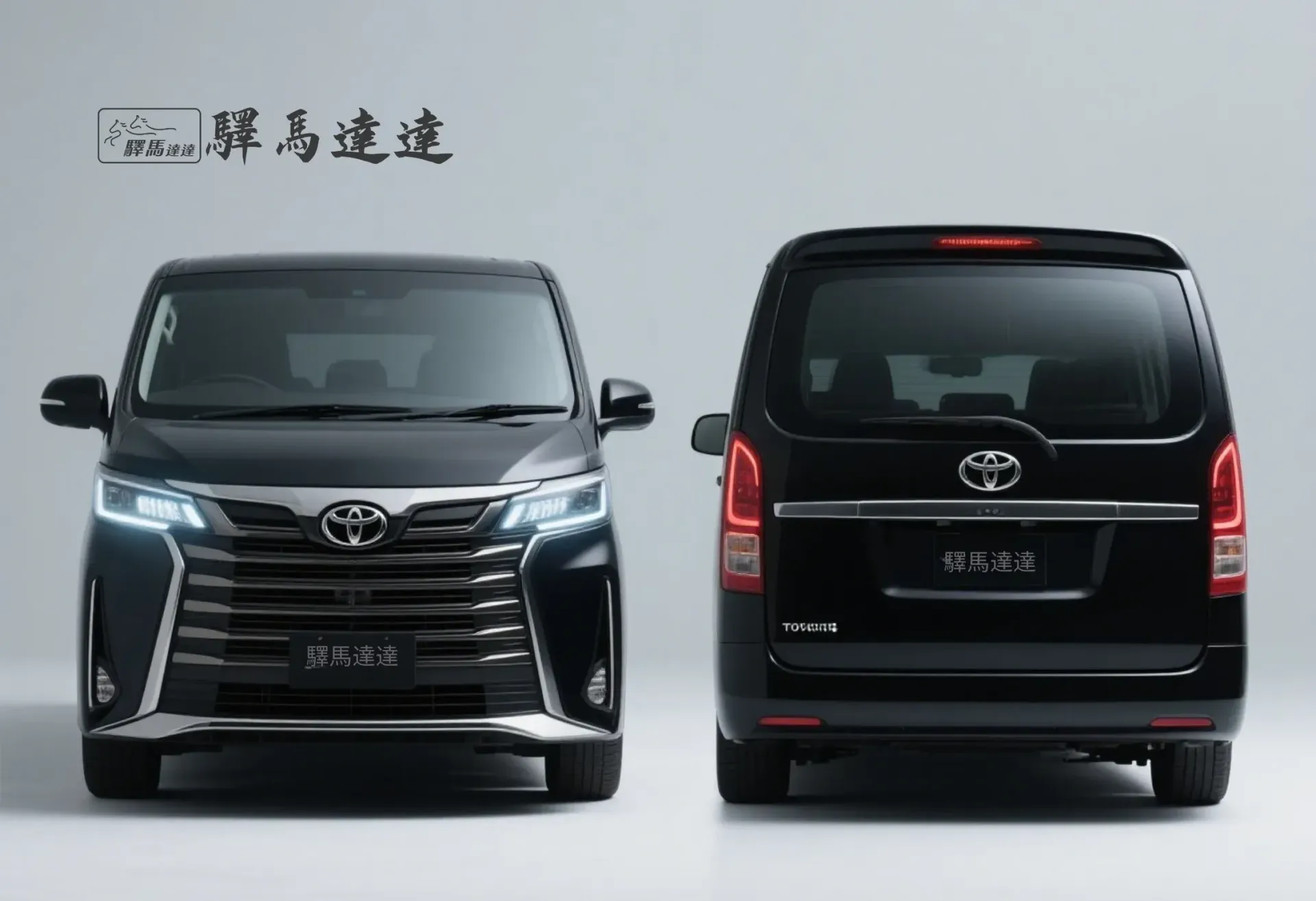 分割畫面圖像，呈現一輛豐田Granvia 大G 的兩個視角：左側為正面視角，右側為車尾視角，強調其流線型的尾燈設計，並細緻展現水箱護罩、LED 頭燈與品牌標誌。整體畫面突顯出商務風範的洗練與優雅設計感。畫面左上角顯示「驛馬達達」標誌。