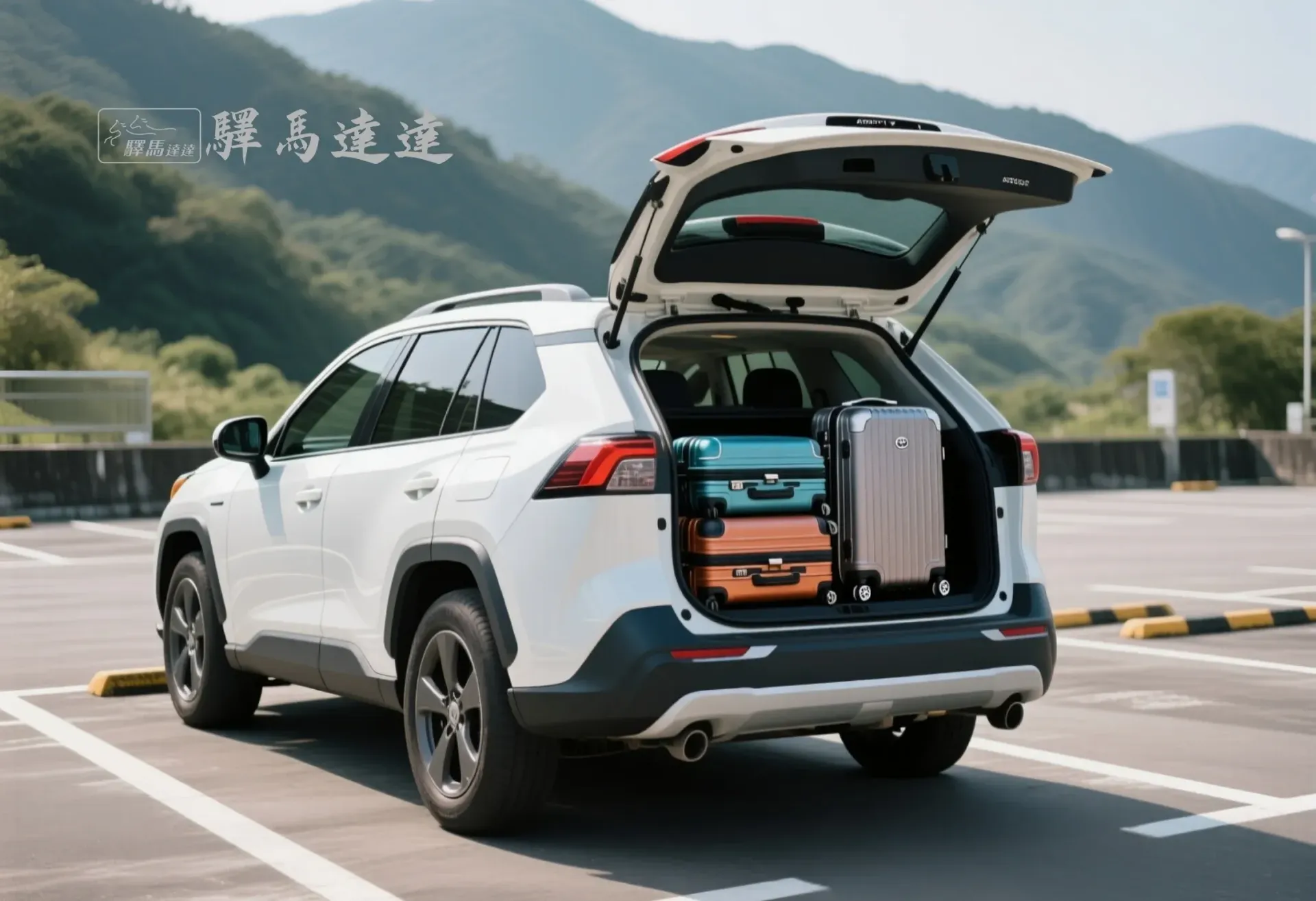 豐田 Rav4 後車廂滿載視角圖,行李區整齊擺放 3 個登機與托運行李箱(以 28 吋和 20 吋為主),展現高效裝載能力。背景為台灣山腳下的停車場,畫面左上角顯示「驛馬達達」標誌。