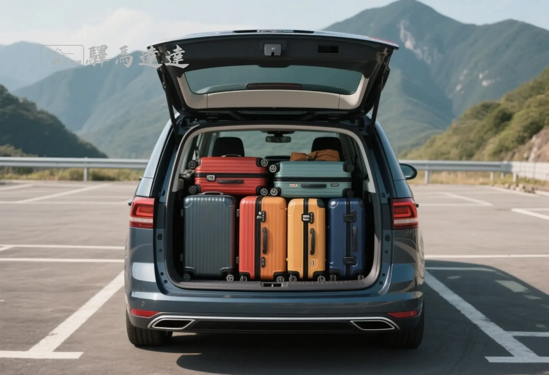 福斯 touran後車廂滿載視角圖,行李區整齊擺放 6 個登機與托運行李箱(以 28 吋和 20 吋為主),展現高效裝載能力。背景為台灣山腳下的停車場,畫面左上角顯示「驛馬達達」標誌。