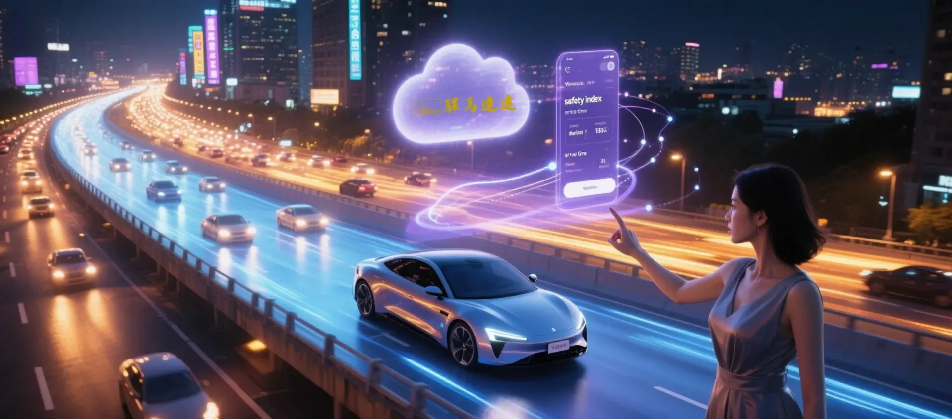 一張充滿未來感的機場接送宣傳圖片,一位女士走向專車,車窗反射夕陽美景,畫面中心浮現驛馬達達App介面,強調機場接送的科技感與安全保障。