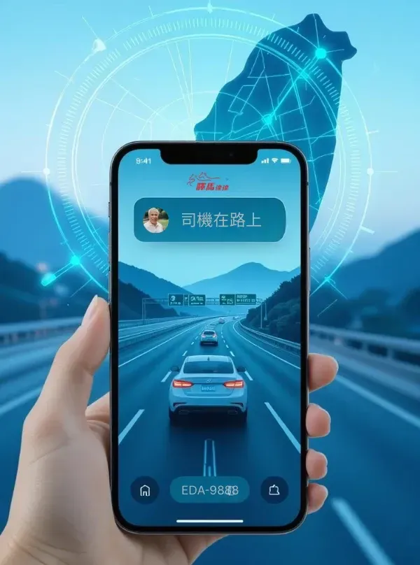 驛馬達達App顯示自動更新司機位置,背景為台灣地圖,助商務旅客省電並順暢追蹤機場接送進度。