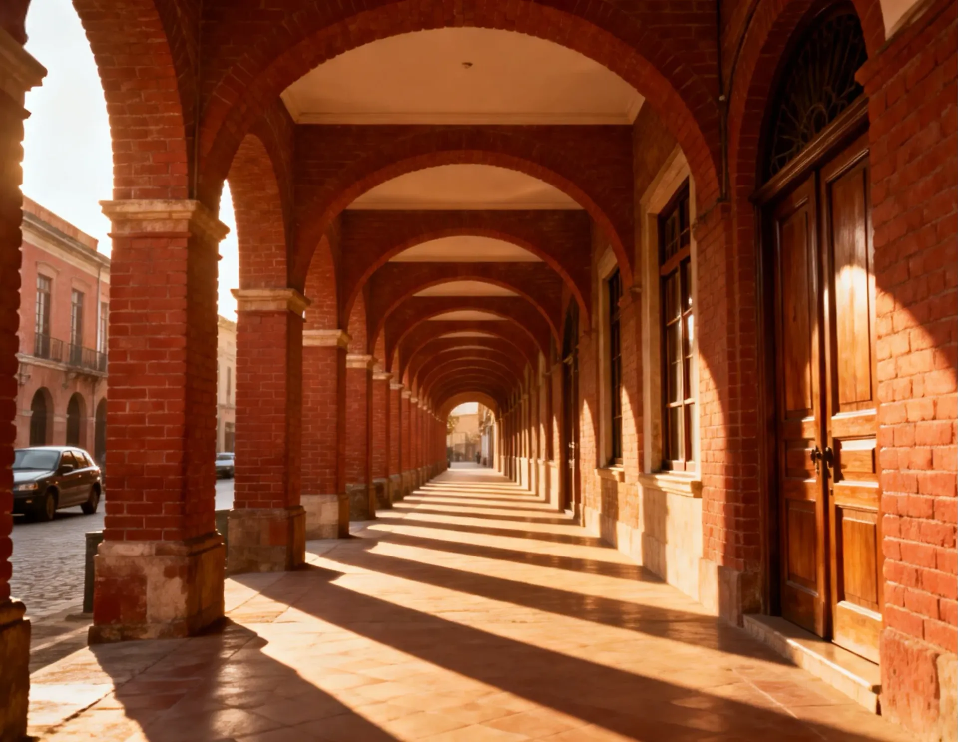 剝皮寮歷史街區的紅磚拱廊與復古木門,陽光灑落形成美麗光影。這是台北保存最完整的清代街道,充滿濃厚的歷史懷舊氛圍,是體驗老台北建築