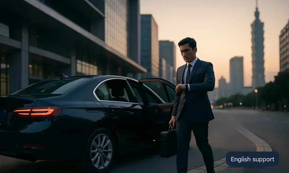 台北會議中心外,新加坡商務旅客下車,呈現驛馬達達專業商務接送。