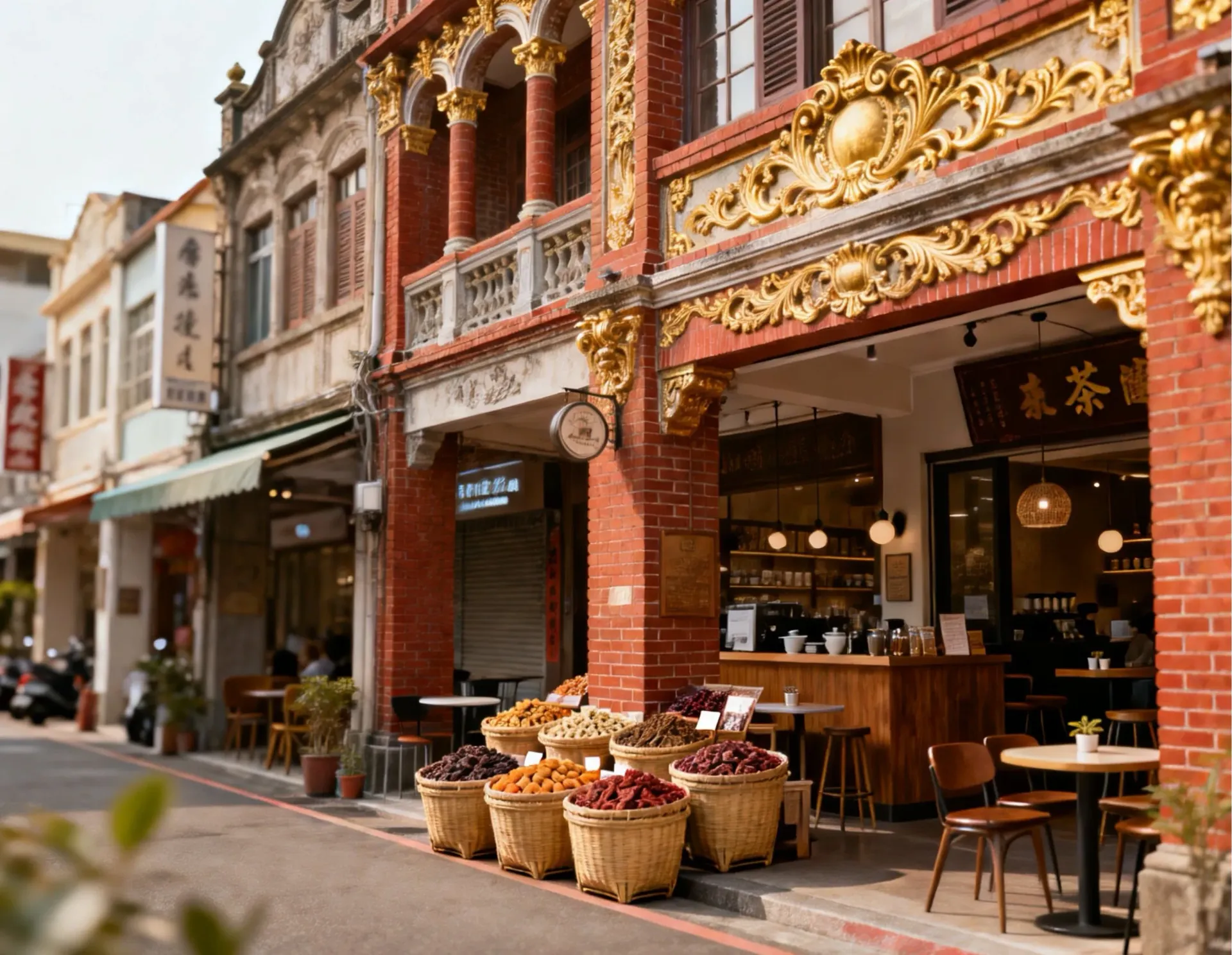 迪化街精美的巴洛克式紅磚建築立面,店家門前擺滿南北乾貨與茶葉。這條老街融合了傳統中藥行與新創文青咖啡店,是體驗老台北商業繁華、採購伴手禮與欣賞歷史建築美學的最佳去處。
