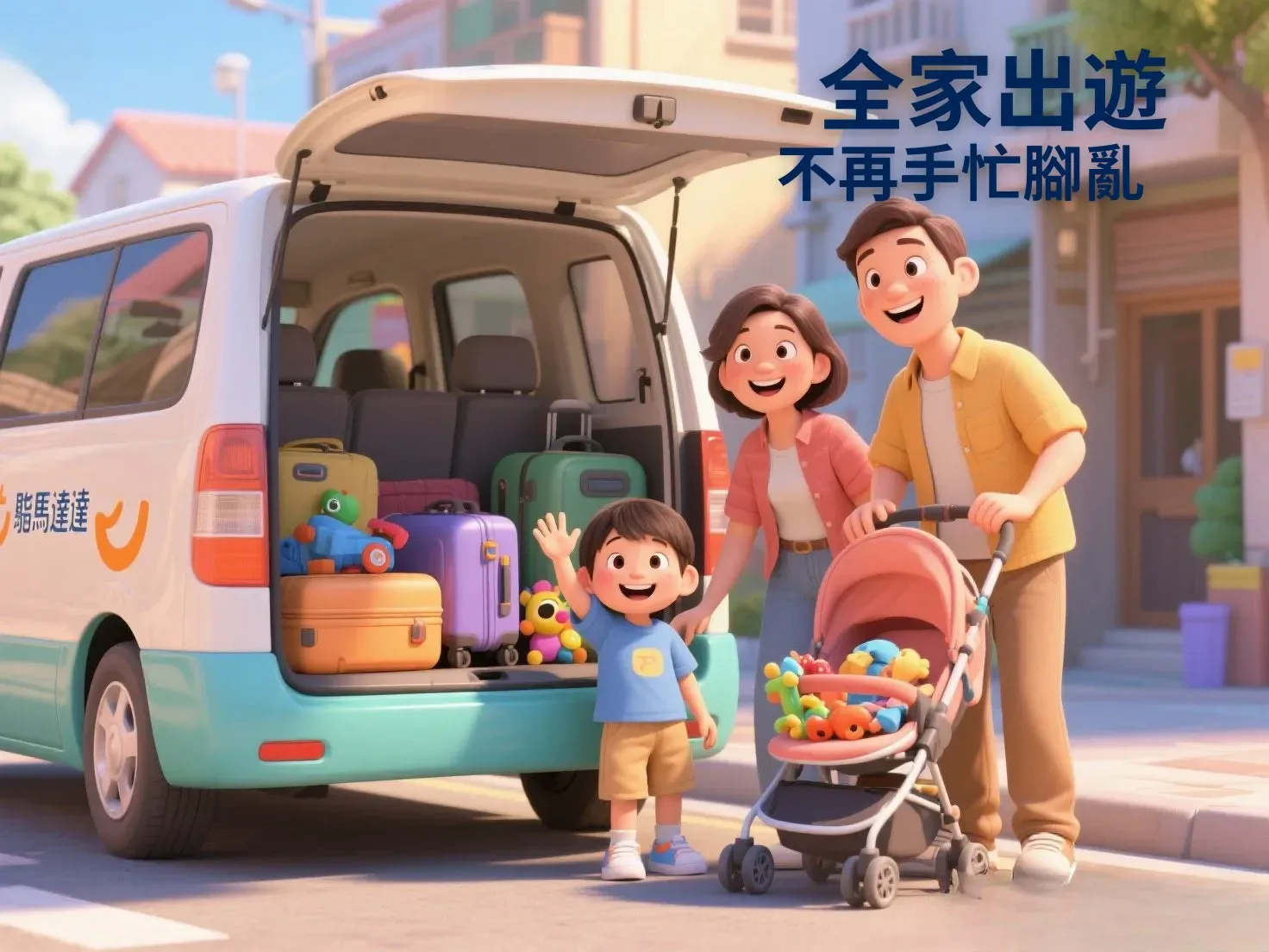 一家三口準備出遊,8 人座車後車廂塞滿行李與娃娃車,3D 卡通風格。