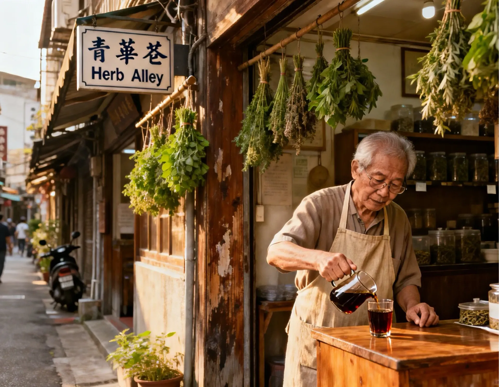 緊鄰龍山寺旁的青草巷,店門口掛滿各式新鮮藥草。這條充滿青草香氣的百年巷弄,保留了傳統漢方養生文化,必喝一杯清涼退火的青草茶。