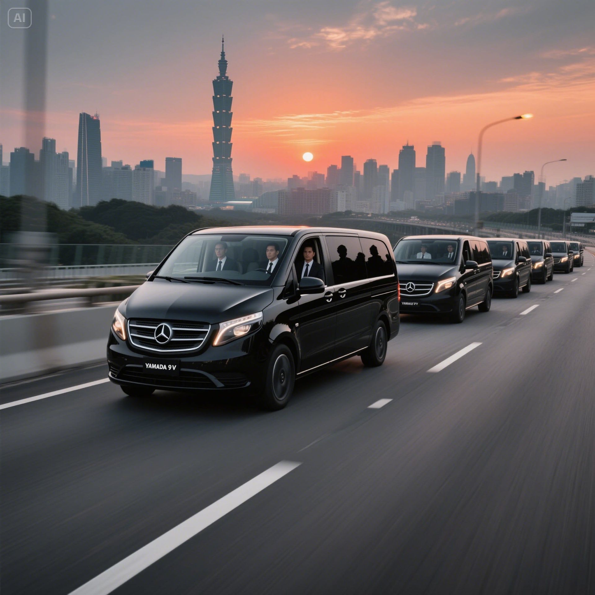 驛馬達達商務車隊行駛台北高速公路，背景台北101與夕陽，展現企業包車與商務差旅效率。