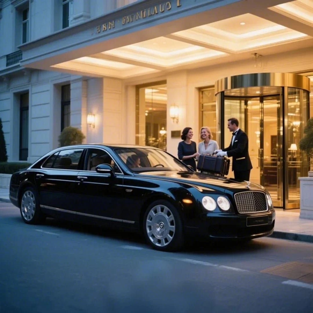 驛馬達達豪華轎車停靠高檔飯店，司機與門僮協助旅客行李，展現旅客接送與專屬車隊服務。