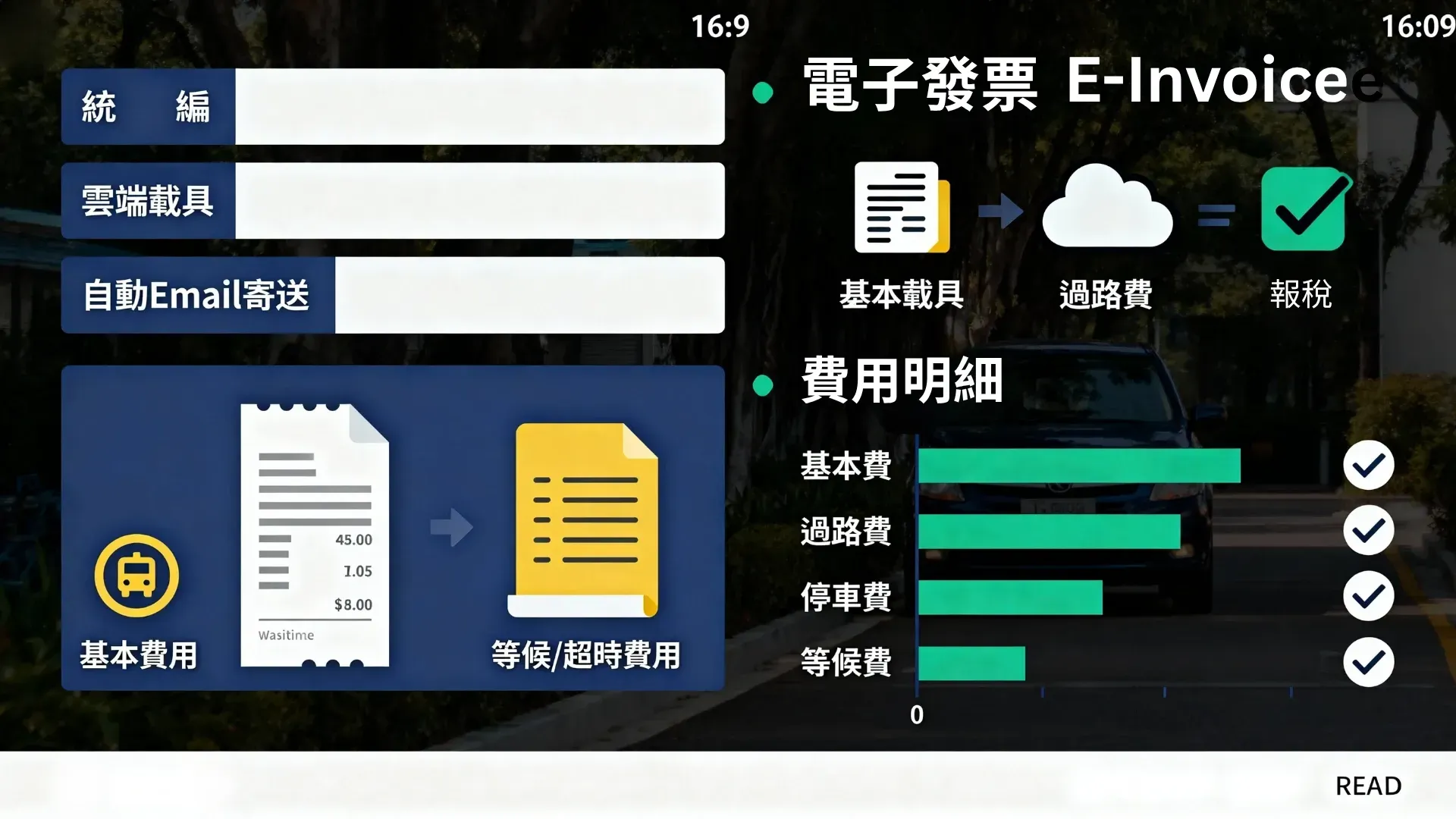 現代扁平風資訊圖:統編輸入、雲端載具、電子發票自動寄送與費用明細清楚呈現,方便報帳。