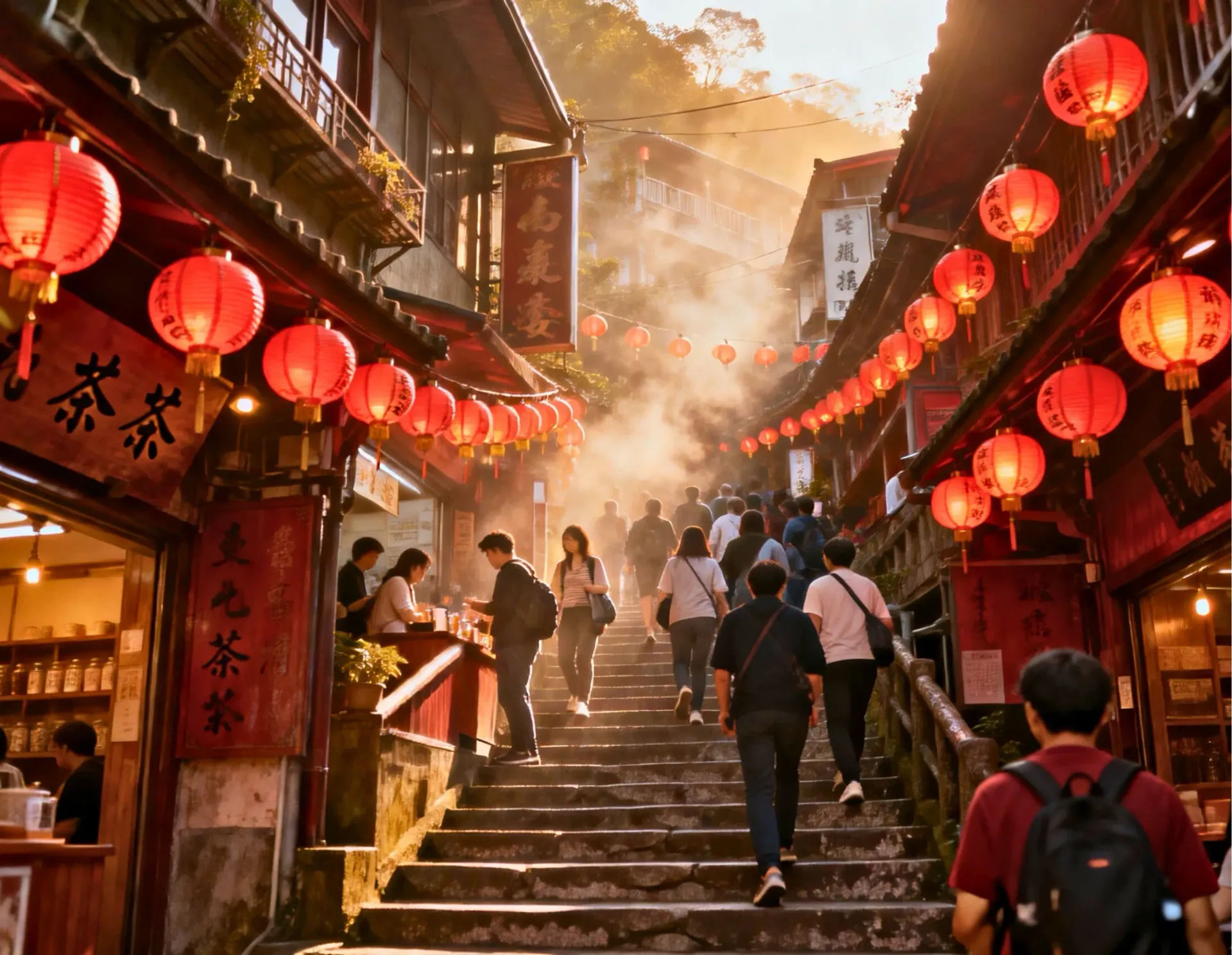 九份老街最具代表性的紅燈籠石階步道，感受悲情城市的復古氛圍。