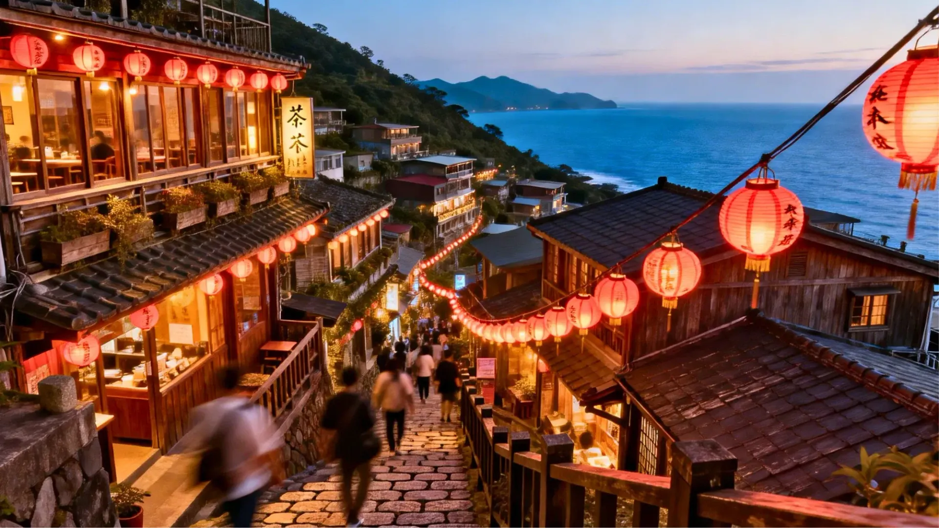 九份著名的阿妹茶樓建築夜景，傳說中神隱少女場景的靈感來源。