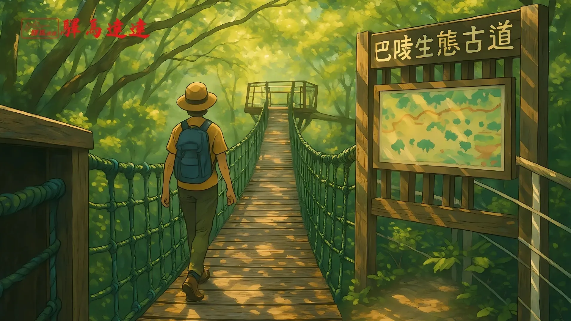 獨行者在巴陵生態古道漫步,樹影斑駁,驛馬達達車輛旁,推廣拉拉山一日輕旅行療癒主題。