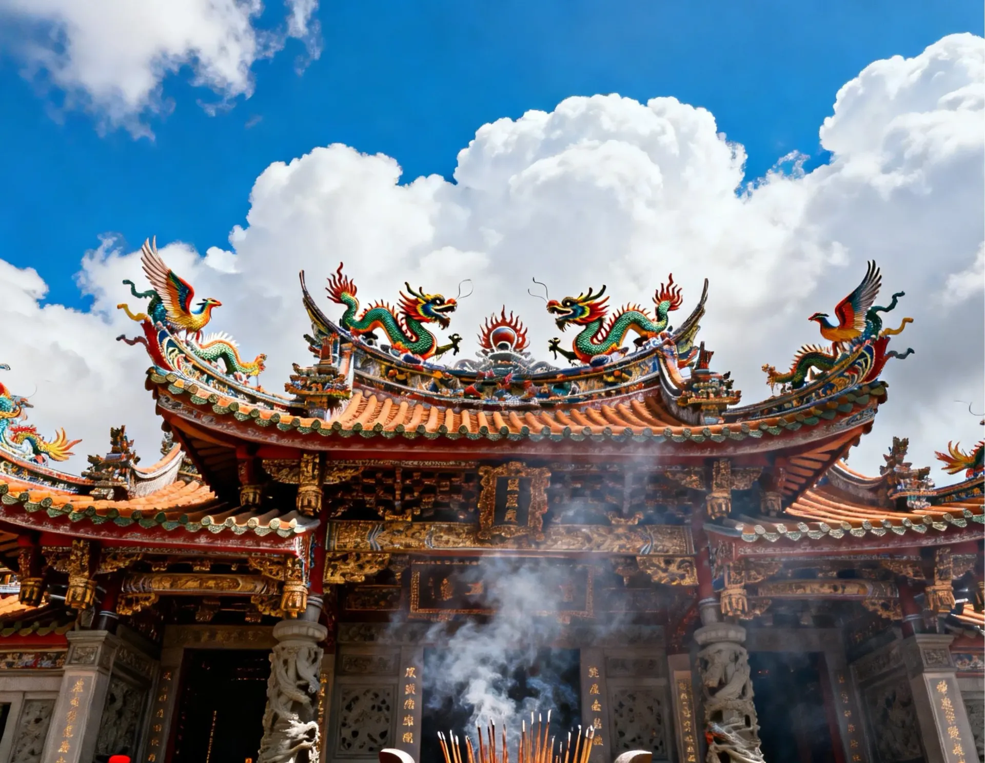 台北龍山寺三川殿宏偉的正面外觀,屋脊上色彩鮮豔的剪黏龍鳳裝飾在藍天下栩栩如生,展現台灣傳統廟宇建築的精湛工藝與莊嚴氣勢。