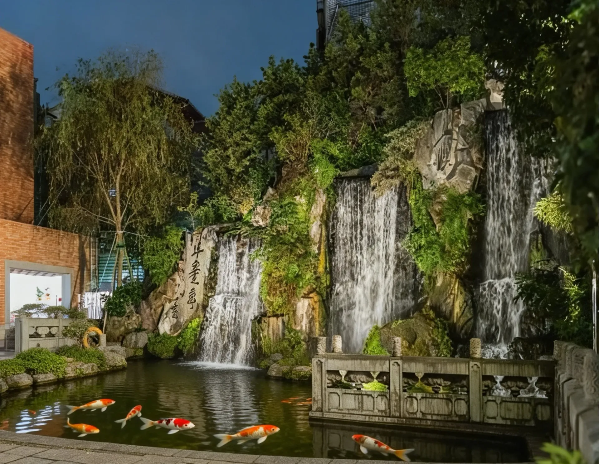 龍山寺入口右側的淨心瀑布造景,流水潺潺搭配石壁上的書法題字,營造出鬧中取靜的禪意氛圍,是遊客進入廟宇前沈澱心靈的熱門拍照點。