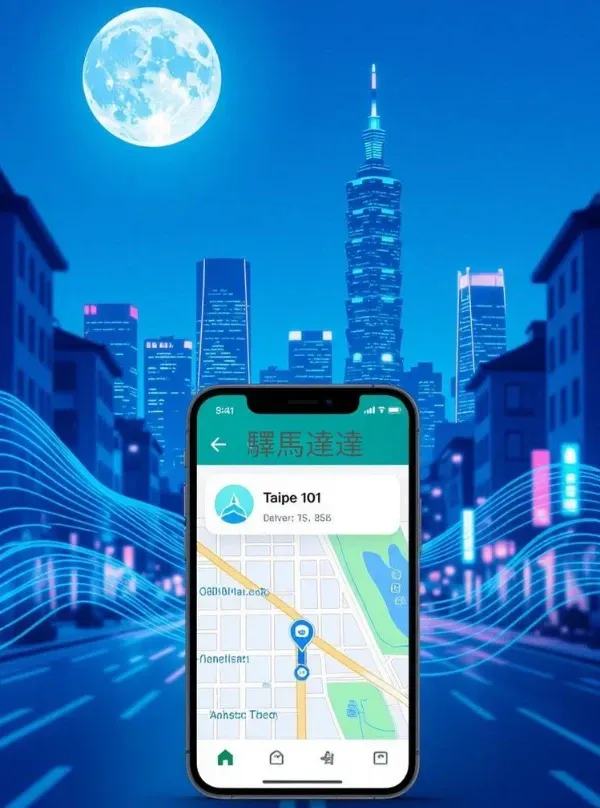 驛馬達達App放大GPS地圖顯示司機詳細路線,背景為台灣天際線,助商務旅客精準掌握機場接送進度。