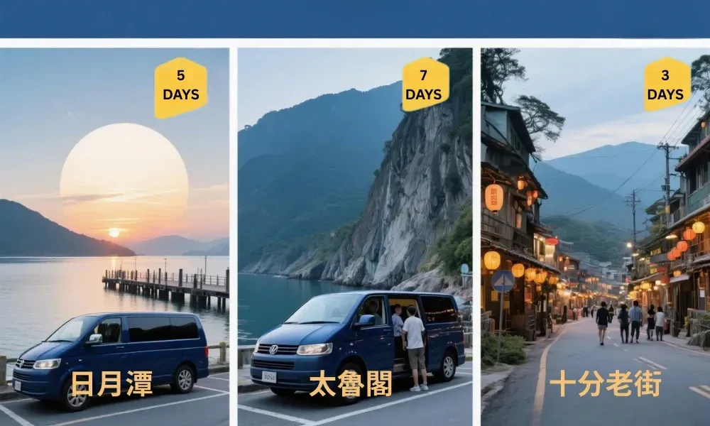 多日包車拼貼：日月潭、太魯閣、十份等景點與驛馬達達專車安全停靠的紀實影像。
