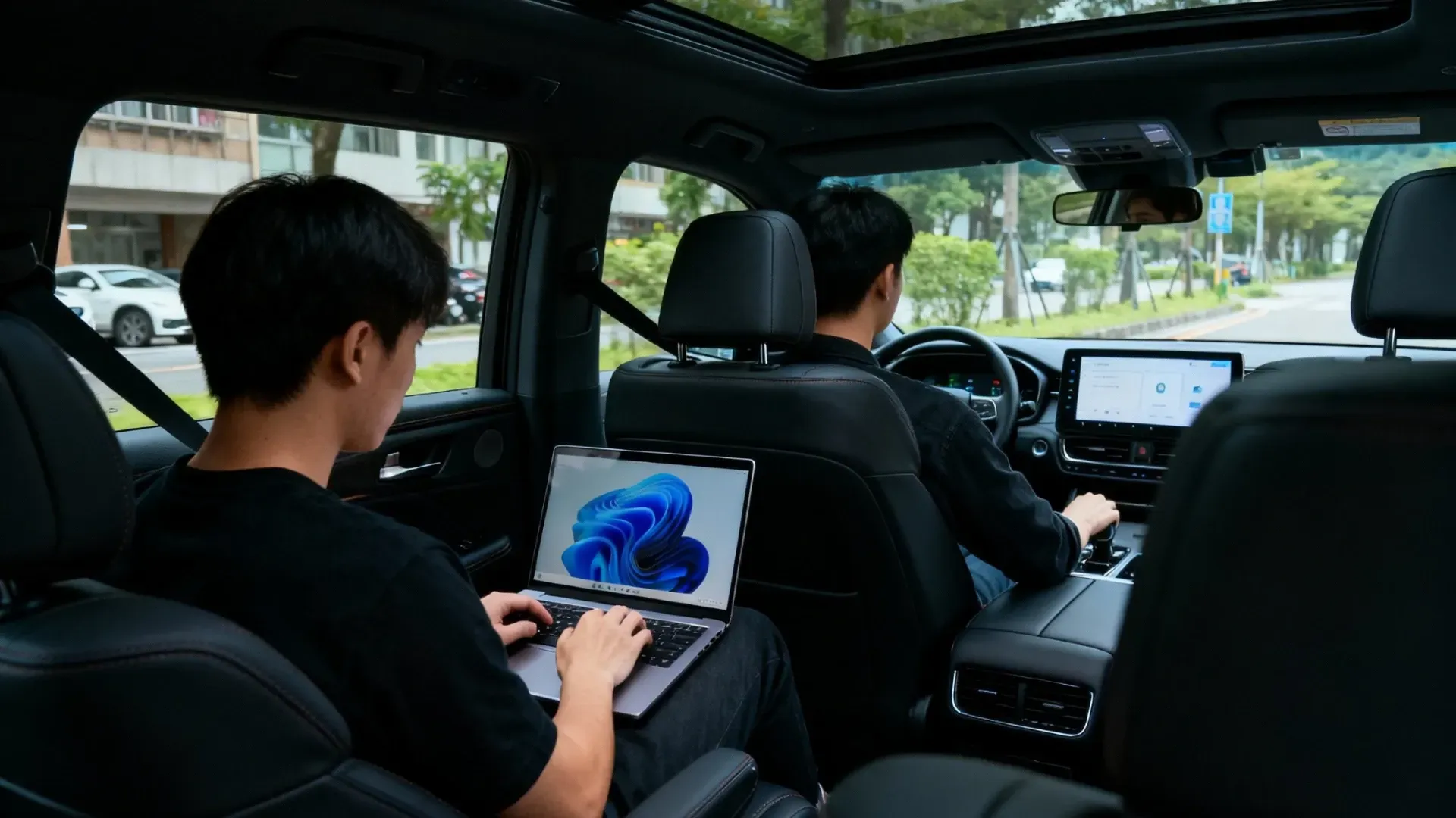 紀實風鏡位：商務乘客在車內安靜使用筆電，司機專注前方，不主動交談；資訊僅顯示必要內容，強調保密。 