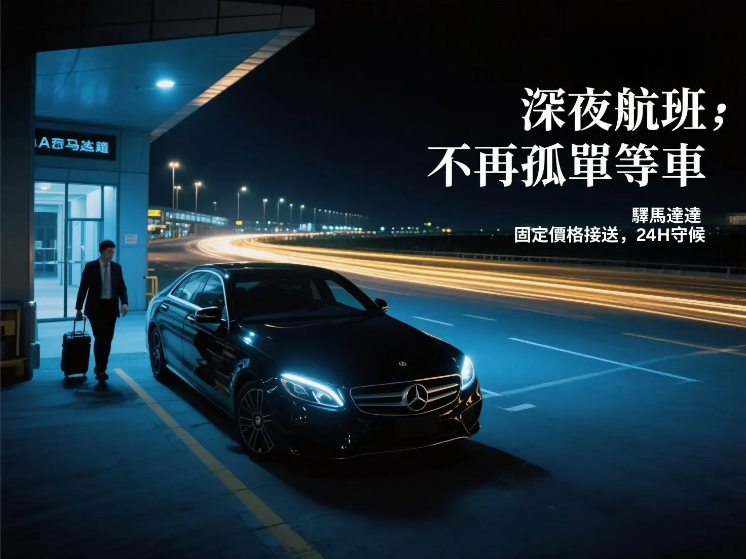 凌晨街道上的黑色轎車等待乘客，電影感光影氛圍。