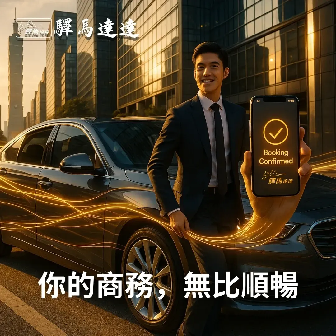 台北市信義區，一名專業商務人士從黑色商務車中走出，背景是台北101，強調驛馬達達商務包車服務的尊榮與專業。