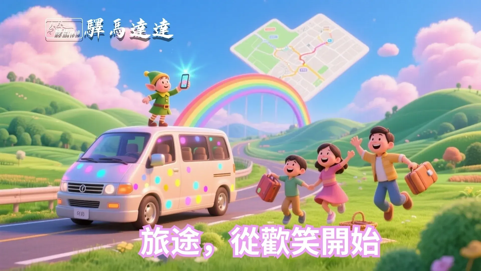 充滿活力的3D卡通風格圖片，一家四口帶著行李準備出遊，一輛九人座保母車在旁等候，完美呈現家庭旅遊的便利與歡樂。