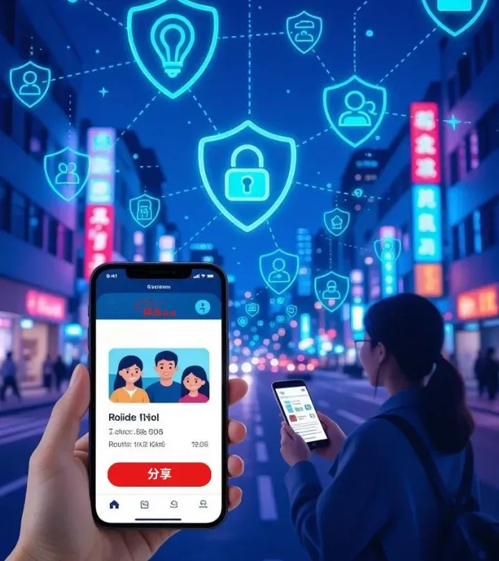 驛馬達達App分享行程連結顯示司機路線與車牌,背景為台灣城市,提升商務旅客機場接送安全與信任。