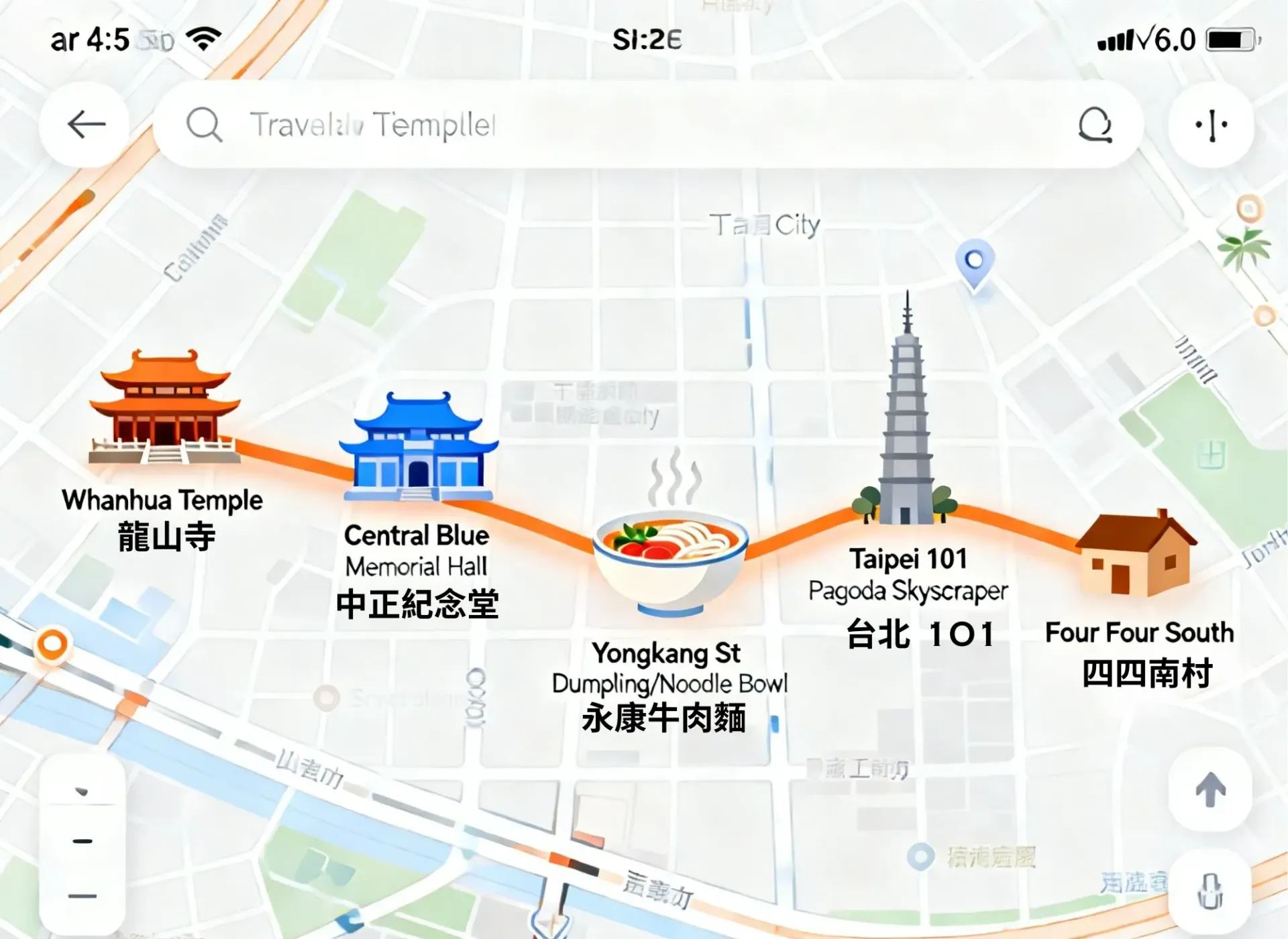 台北一日遊路線地圖,顯示從龍山寺經中正紀念堂、永康街到台北 101 與四四南村的順路行程。