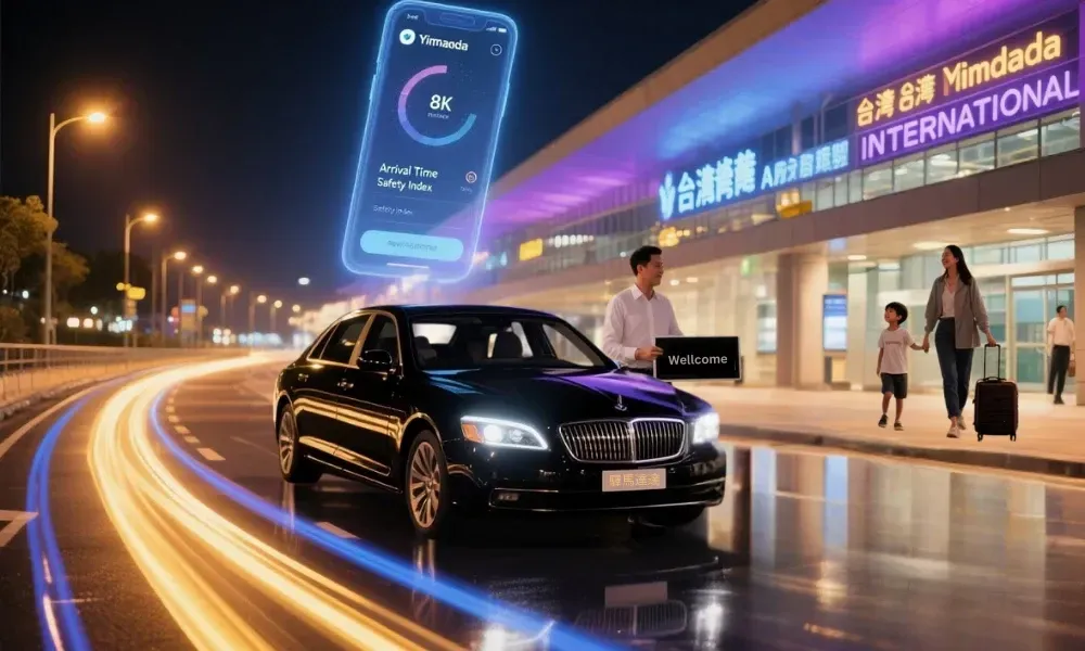 Yimadada driver in white shirt assisting a Singaporean family with luggage at Taiwan Taoyuan Airport, with a private car waiting and holographic app interface floating above.