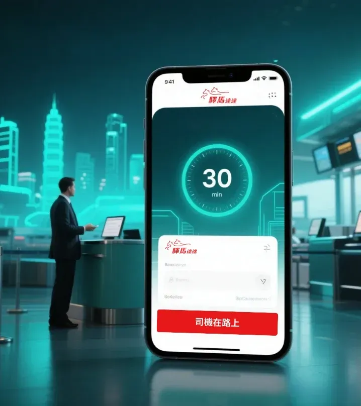 驛馬達達App截圖顯示預約確認與30分鐘倒數計時,背景為台灣機場,助商務旅客精準掌握機場接送追蹤時機。