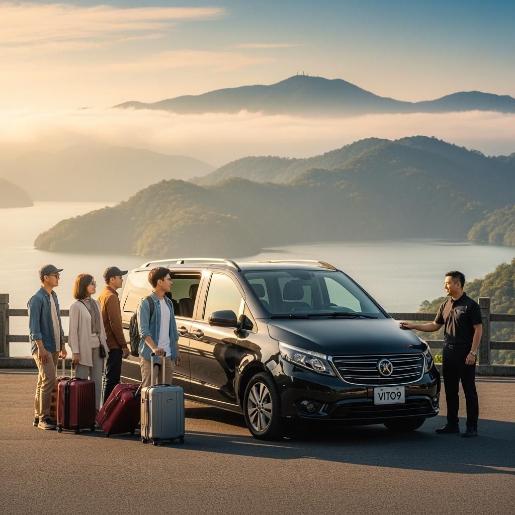 驛馬達達黑色的9人座車車停靠在日月潭，司機微笑迎接遊客，背景山景霧繞，展現團體包車與機場接送服務。