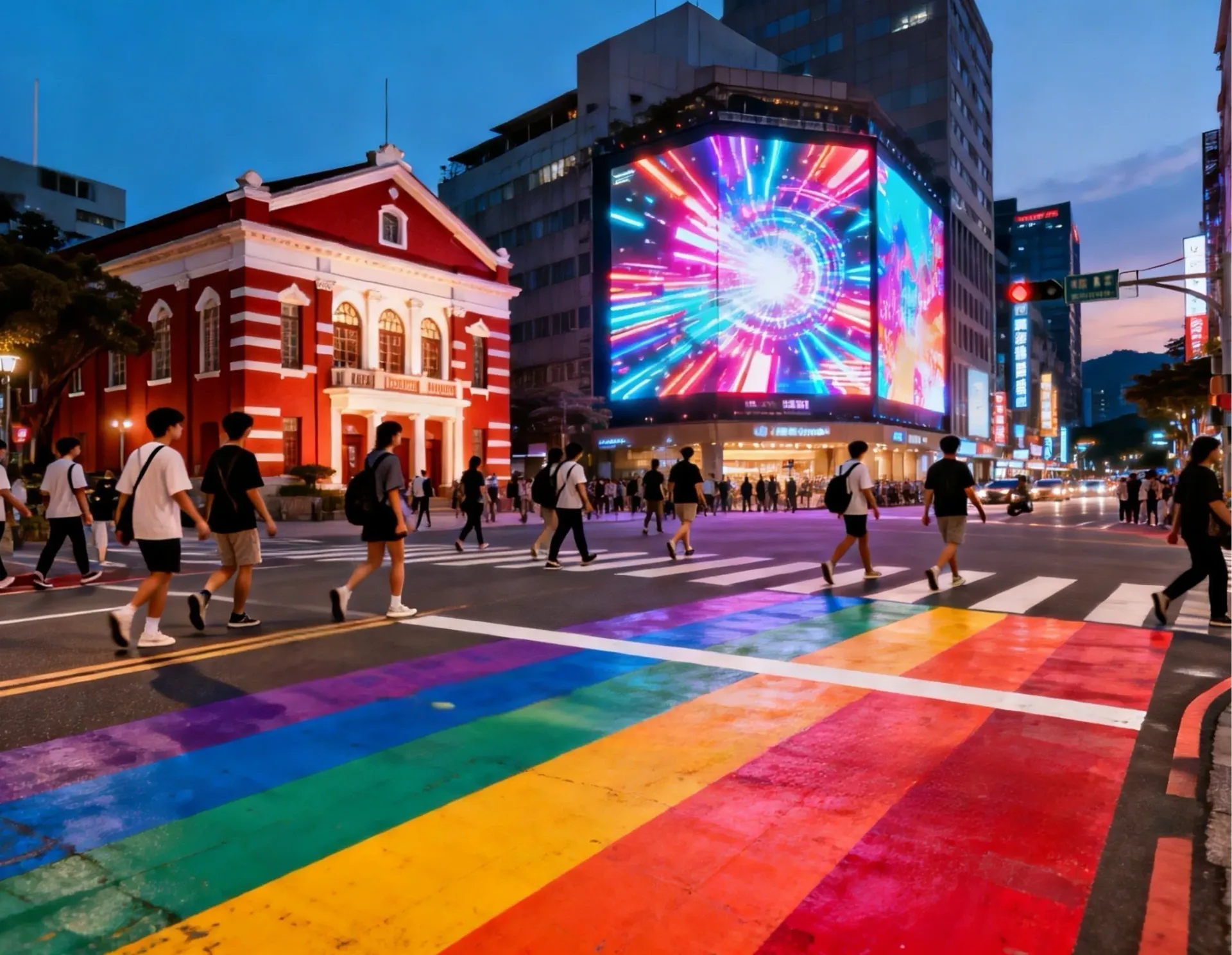 西門町熱鬧的徒步區與著名的彩虹地景斑馬線,背景是巨大的LED廣告看板與紅樓古蹟。這裡是台北年輕潮流文化的中心,充滿活力與色彩,是遊客體驗台灣時尚購物與街頭表演的必訪地標。