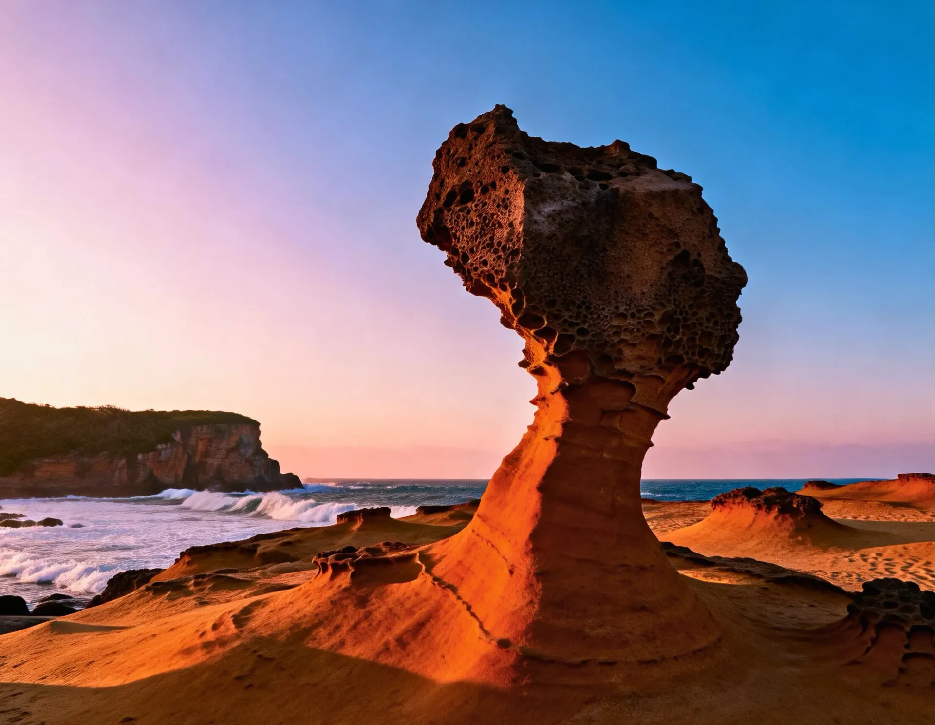 野柳地質公園的女王頭奇岩，展現北台灣海岸的自然地理奇蹟。