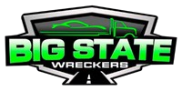 Logo for Big State Wreckers featuring a neon green tow truck carrying a car, set within a gray shield and a road graphic.