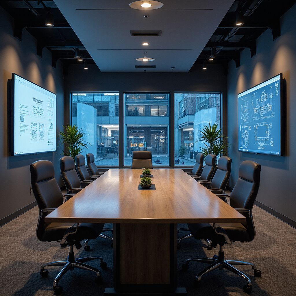 Modern boardroom with large wooden table, leather chairs, two screens, and exterior window view.