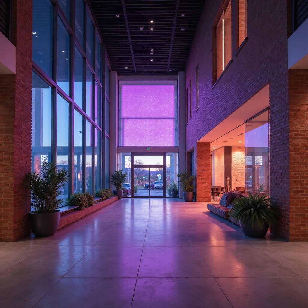 Modern building lobby with purple lighting, brick walls, and glass windows. Plants and a bench are visible.