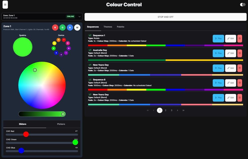 A color control panel with color wheels, sliders, and color assignments for controlling lights.