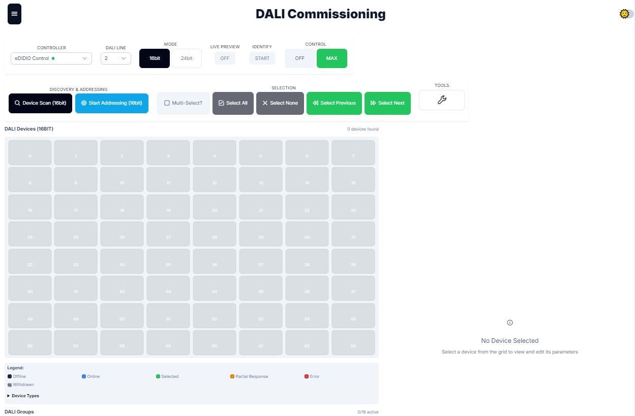 DALI Commissioning interface with fields, buttons, and empty light grid, used to configure and manage lighting.