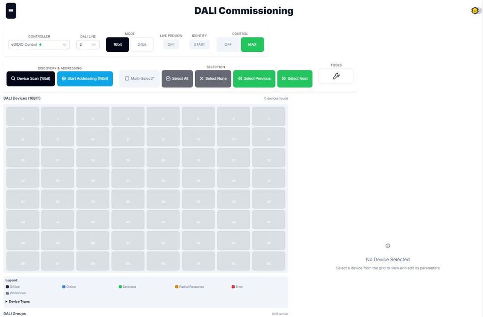 DALI Commissioning interface with fields, buttons, and empty light grid, used to configure and manage lighting.