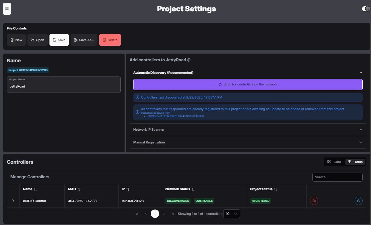 Project Settings screen with dark UI, listing project details and controller information.