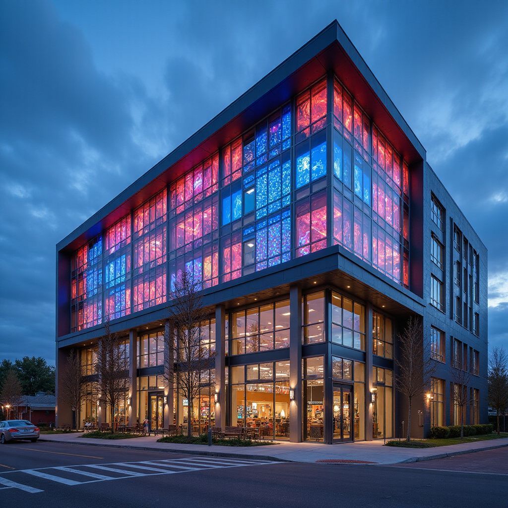 Modern multi-story building with large, colorful illuminated windows at dusk.