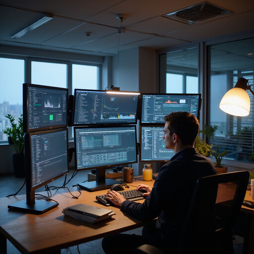 Man sitting at a desk with multiple monitors, coding in an office. Dark lighting, city view.