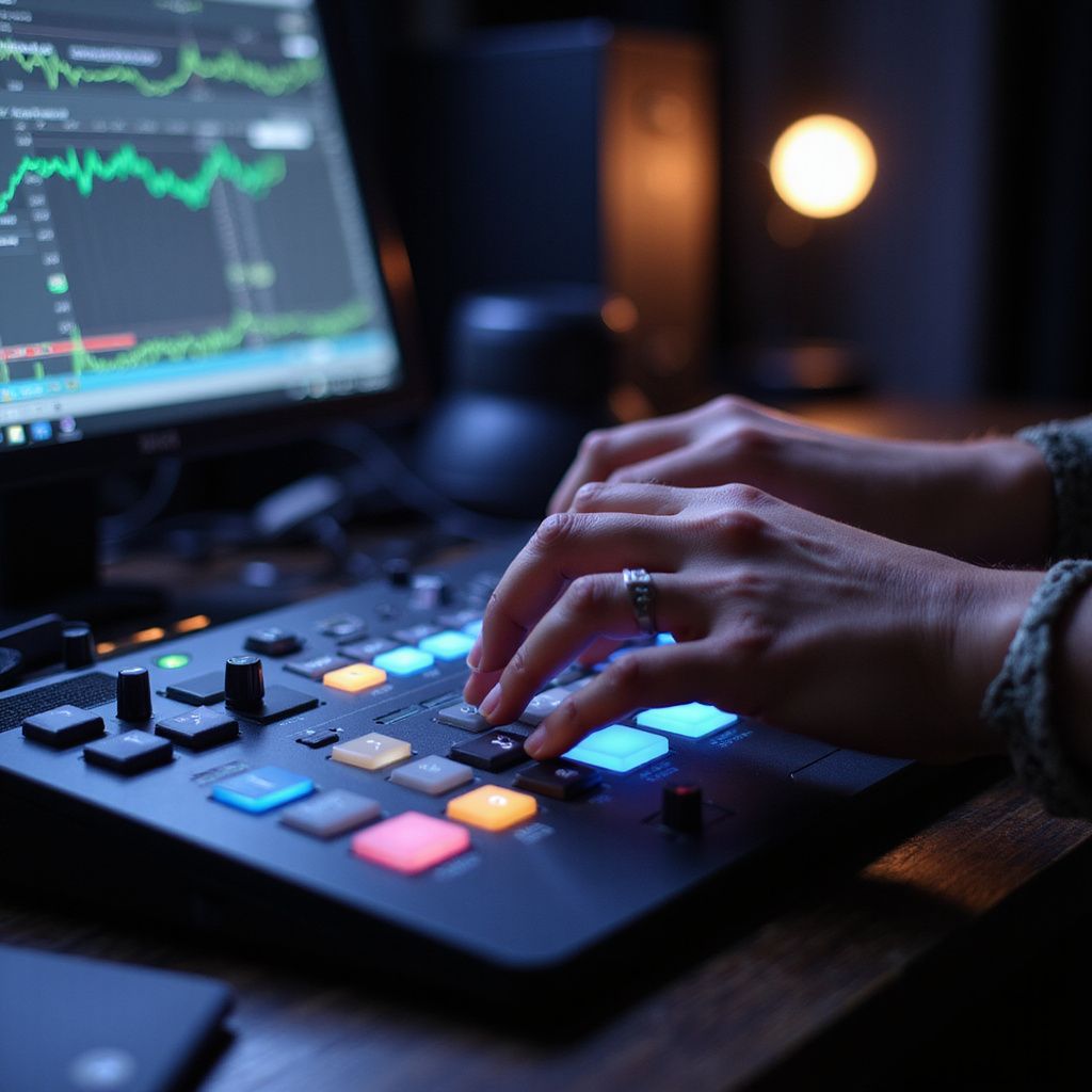 Hands using a control surface with glowing buttons in a dim room with a computer monitor displaying data.