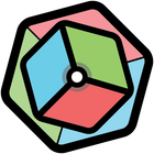 Multicolor geometric abstract with black outline and center white dot.