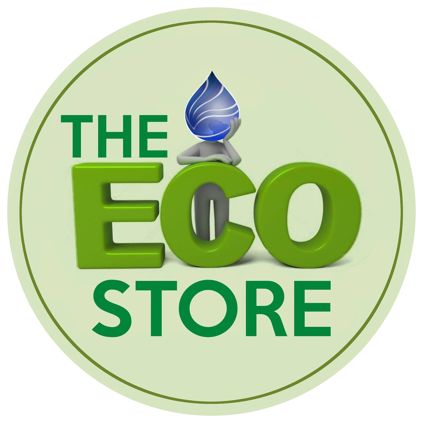 Logo for "The Eco Store." Green text, the word "ECO" with a water drop head, set on a light green circle.