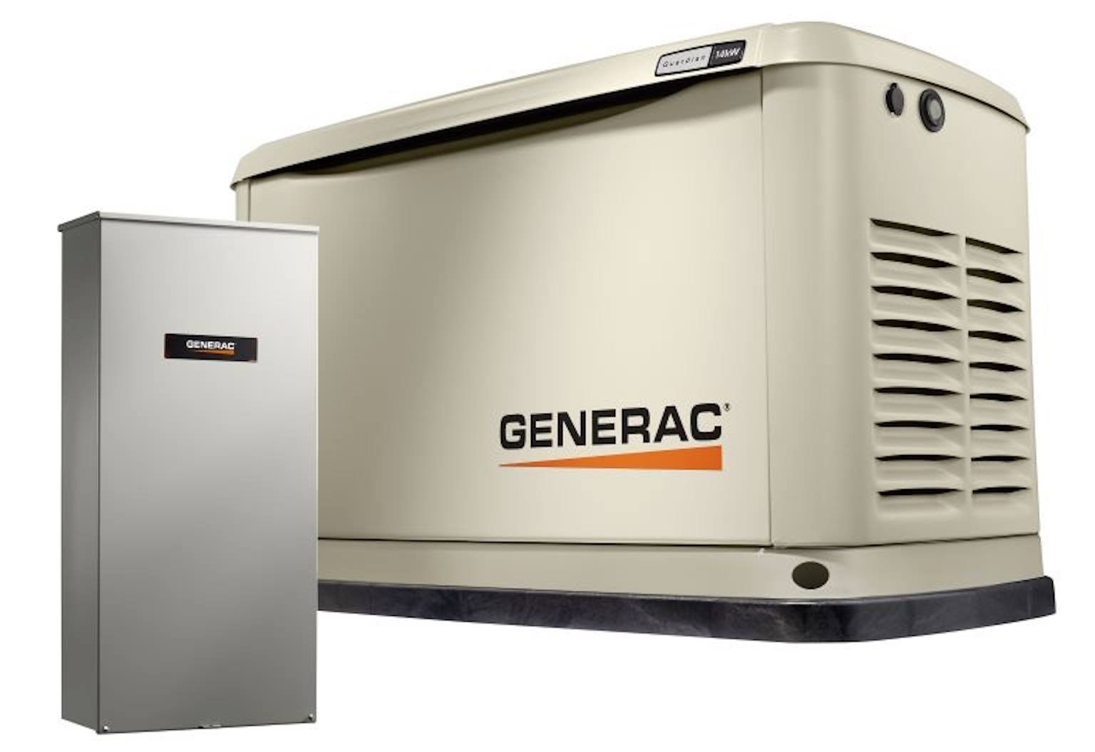 Generac generator and transfer switch; beige generator with black vents, silver switch box.