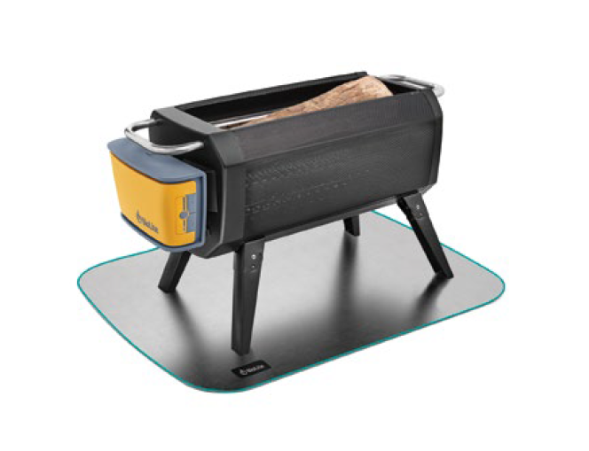 Black and yellow rectangular fire pit on a mat, with a log inside.