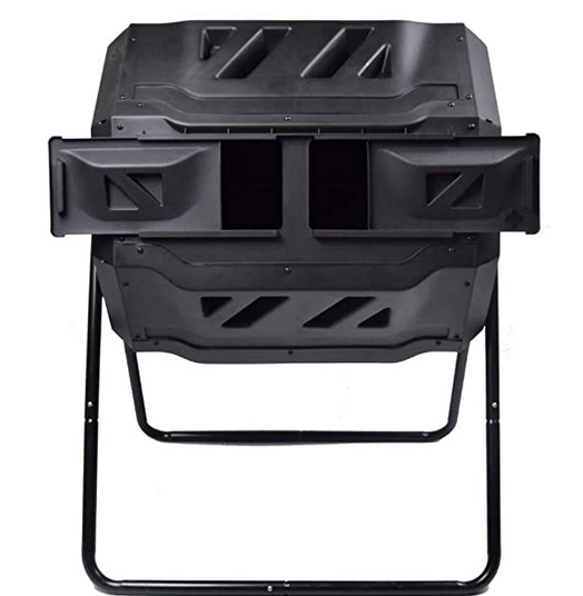 Black plastic compost tumbler bin on black metal stand.
