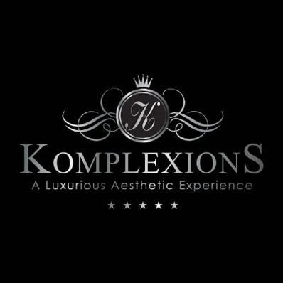 Logo for Komplexions, a luxurious aesthetic experience, with a silver and black color scheme.