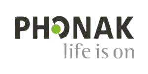 Logo for Phonak: dark gray text with a green dot in the
